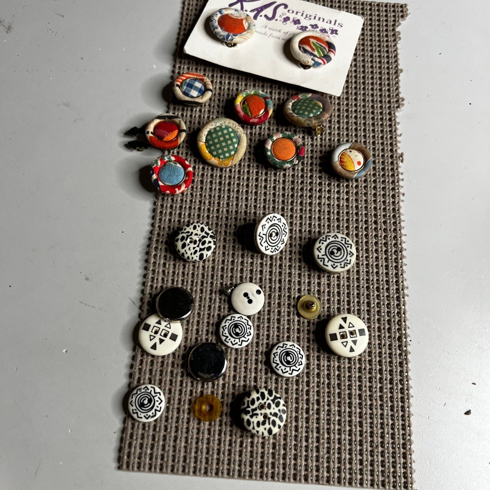 Vintage KAS Originals Fabric Clip On Earrings and Artisan Button Lot Mixed Media